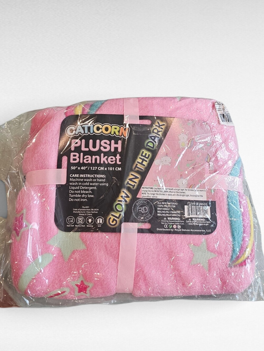 Caticorn Glow-In-The Dark Pink Plush Rainbow Cat Blanket Size 50" x 40"